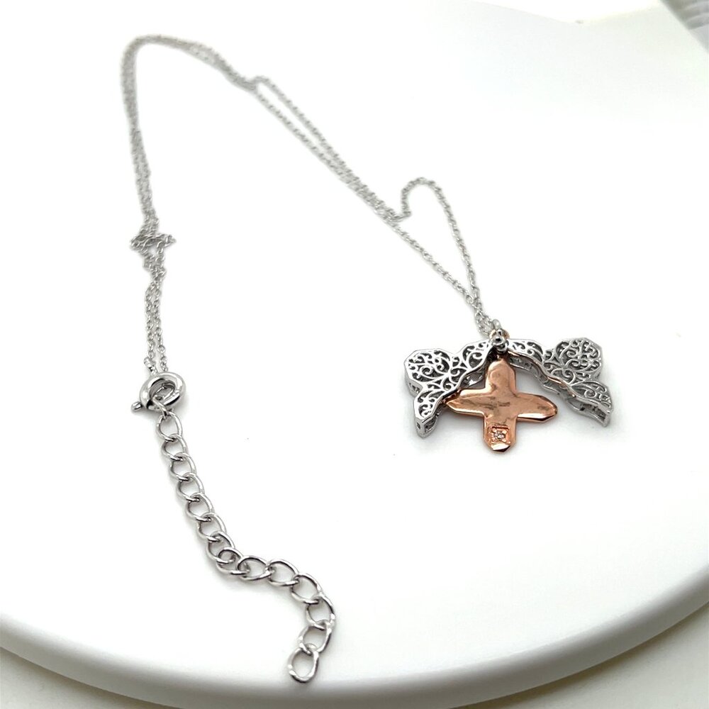 Sterling Silver Clover Necklace with Rose Colored Accent & Tiny Diamond